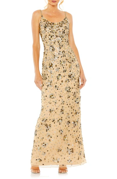 Shop Mac Duggal Floral Beaded Column Gown In Gold