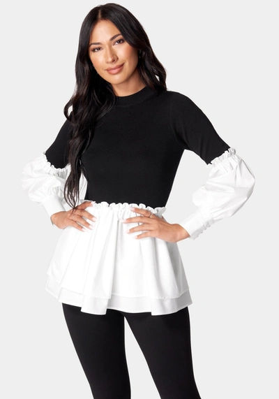 Shop Bebe Poplin Combo Mock Neck Sweater In Black,white Alyssum