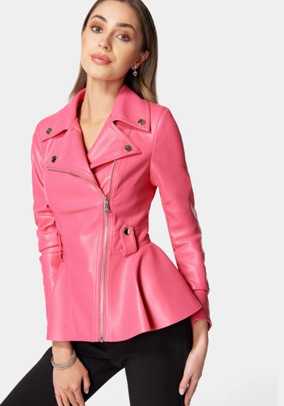 Bebe Vegan Leather Moto Peplum Jacket In Raspberry Sorbet