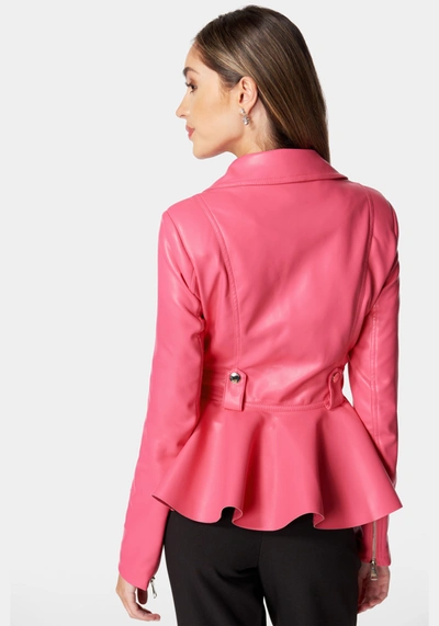 Bebe Vegan Leather Moto Peplum Jacket In Raspberry Sorbet