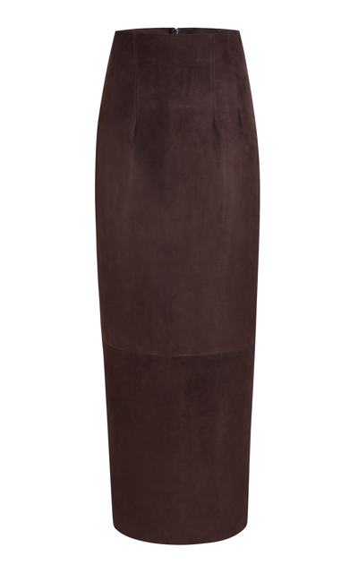 KHAITE LOXLEY CORSET-WAIST SUEDE MIDI SKIRT 