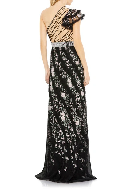 Shop Mac Duggal Floral Embroidered Ruffle One-shoulder Gown In Black Multi