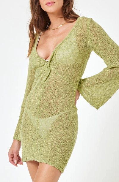 Shop L*space Palisades Long Sleeve Sheer Cover-up Minidress In Light Olive