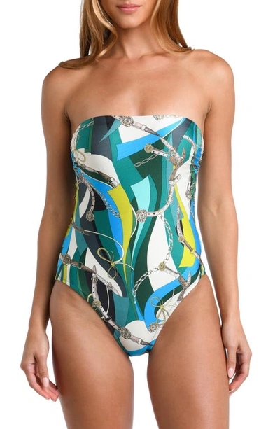 Shop L Agence Tory Bandeau One-piece Swimsuit In Blue/ Green