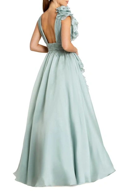 Mac Duggal Ruffle Shoulder V-neck Chiffon Gown In Mint