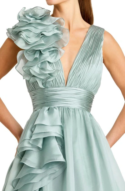 Mac Duggal Ruffle Shoulder V-neck Chiffon Gown In Mint
