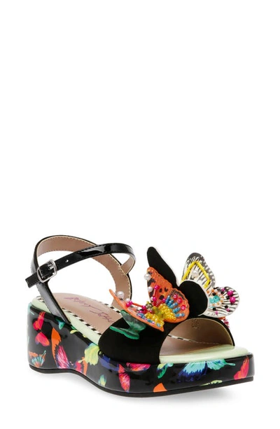 Shop Betsey Johnson Kids' Lotty Ankle Strap Platform Wedge Sandal In Black/ Butterfly Multi