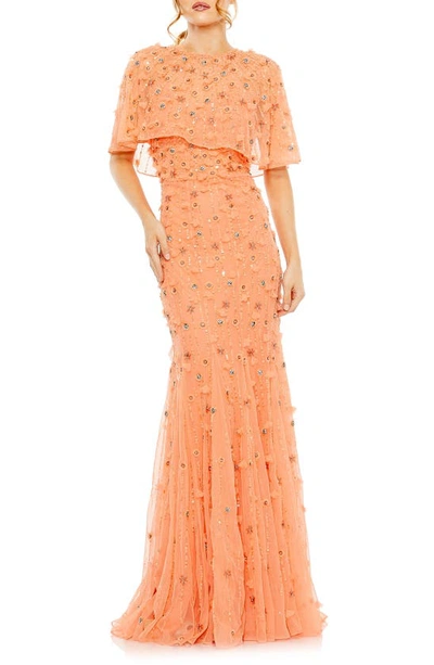 Shop Mac Duggal Beaded Floral Appliqué Tulle Capelet Gown In Coral