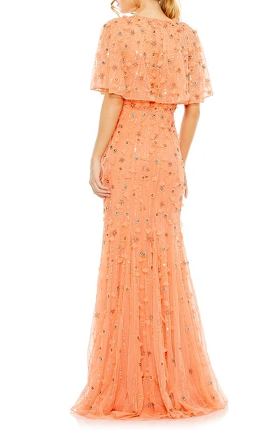 Shop Mac Duggal Beaded Floral Appliqué Tulle Capelet Gown In Coral