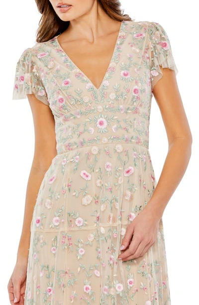 Shop Mac Duggal Embroidered Flutter Sleeve Midi Dress In Beige Multi