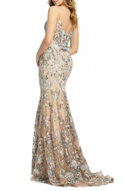 Shop Mac Duggal Embroidered Floral Mermaid Gown With Train In Beige Multi