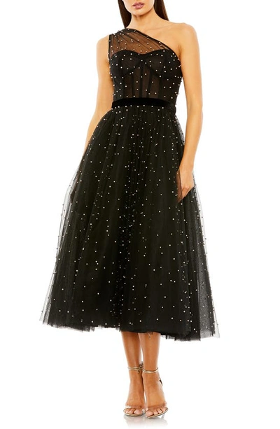 Shop Mac Duggal Imitation Pearl Detail One-shoulder Cocktail Midi Dress In Black