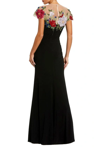 Shop Mac Duggal Embroidered Floral Detail A-line Gown In Black Multi
