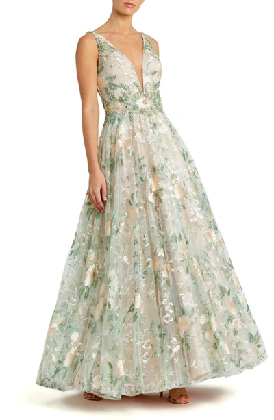 Shop Mac Duggal Floral Embroidery A-line Gown In Cream Multi