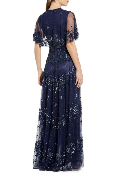 Mac Duggal Sequined High Neck Flutter Sleeve A Line Gown In Midnight