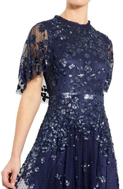 Mac Duggal Sequined High Neck Flutter Sleeve A Line Gown In Midnight