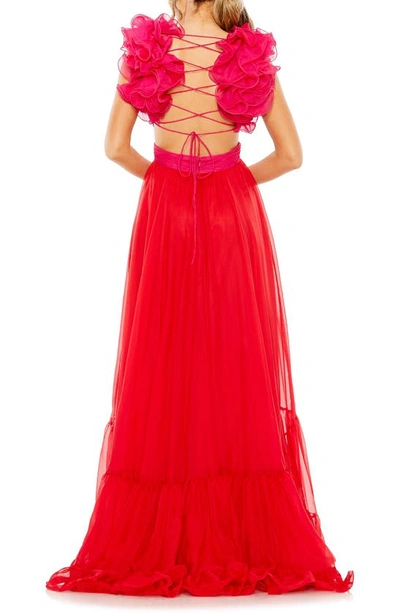 Shop Mac Duggal Ruffle Detail Open Back Tiered Gown In Red Pink