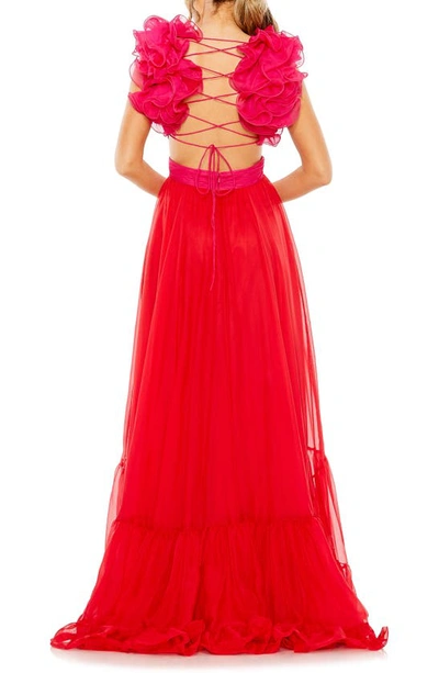 Mac Duggal Ruffle Tiered Color Block Cut Out Lace Up Chiffon Gown In Multi