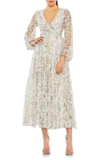 Shop Mac Duggal Sequin Floral Long Sleeve Cocktail Midi Dress In White Multi