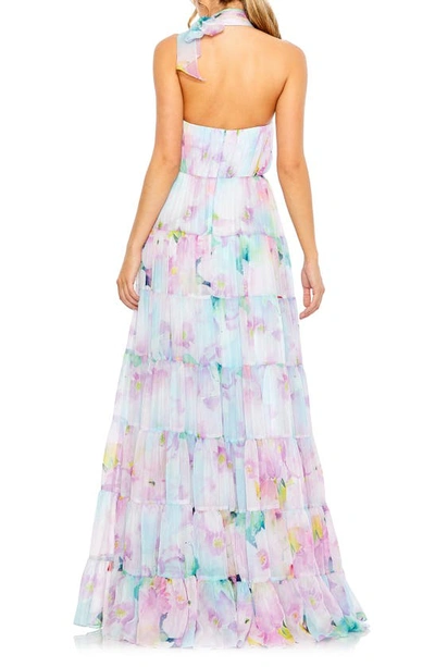 Shop Mac Duggal Floral Asymmetric Halter Neck Tiered Gown In Purple Multi