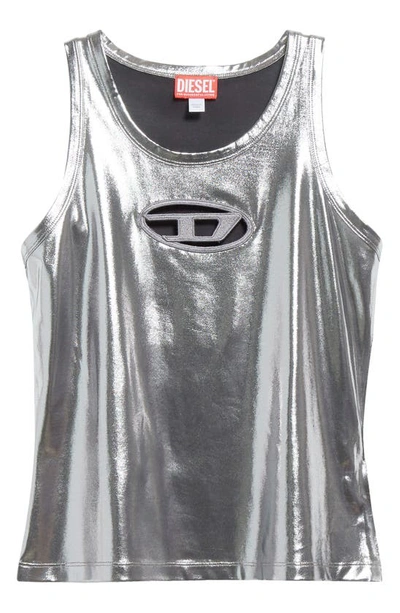 Shop Diesel T-lynys Logo Cutout Foiled Jersey Tank In Deep Silver/ Black