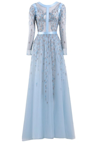 Shop Saiid Kobeisy Long Aquamarine Tulle Beaded Dress With Mikado Bias On The Top. In Blue