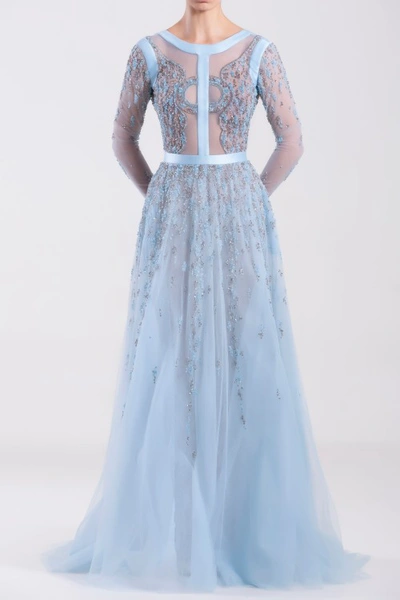 Shop Saiid Kobeisy Long Aquamarine Tulle Beaded Dress With Mikado Bias On The Top. In Blue