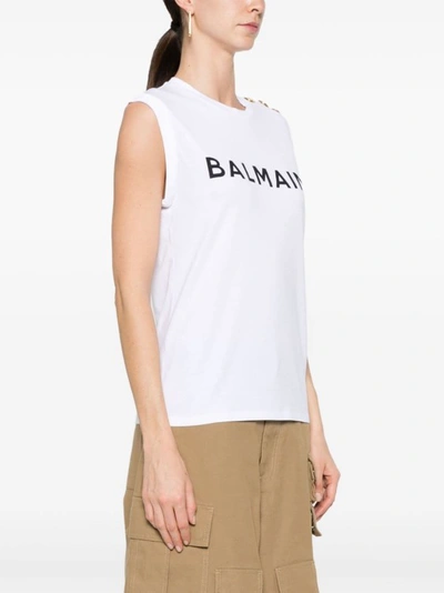 Balmain Button-detail Logo-print Tank Top In White