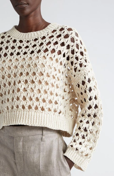 Shop Brunello Cucinelli Openwork Jute Blend Crewneck Sweater In C9437 Beige