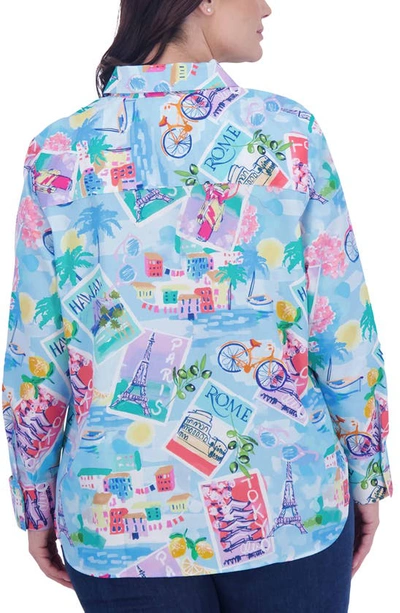 Foxcroft Meghan Travel Print Cotton Button-up Shirt In Blue Multi