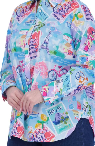 Foxcroft Meghan Travel Print Cotton Button-up Shirt In Blue Multi