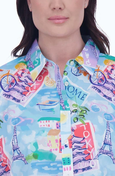 Foxcroft Meghan Travel Print Cotton Button-up Shirt In Blue Multi