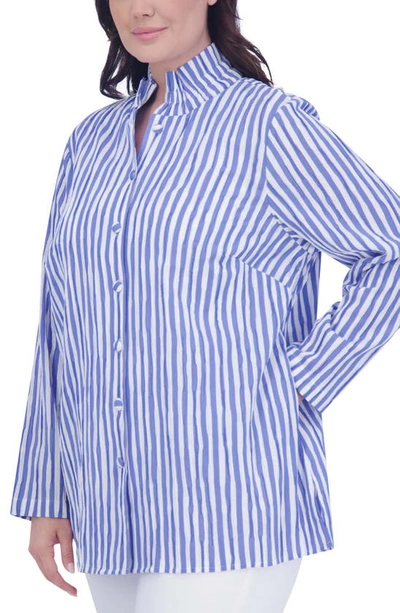 Shop Foxcroft Carolina Stripe Crinkled Cotton Blend Button-up Shirt In Cornflower