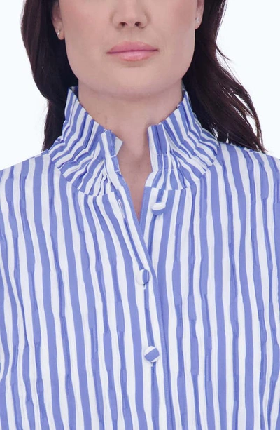 Shop Foxcroft Carolina Stripe Crinkled Cotton Blend Button-up Shirt In Cornflower