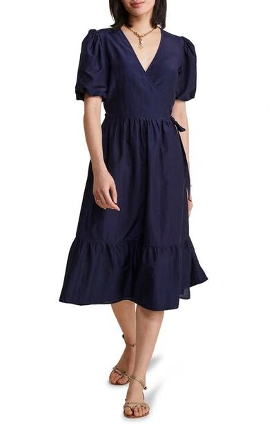 Shop Vineyard Vines Puff Sleeve Cotton & Silk Midi Wrap Dress In Nautical Navy