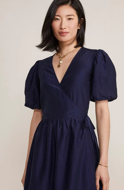 Shop Vineyard Vines Puff Sleeve Cotton & Silk Midi Wrap Dress In Nautical Navy