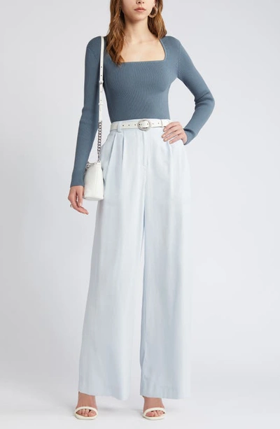 Open Edit Luxe Sculpt Square Neck Long Sleeve Top In Blue Weather