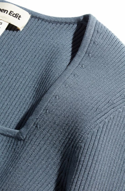 Open Edit Luxe Sculpt Square Neck Long Sleeve Top In Blue Weather