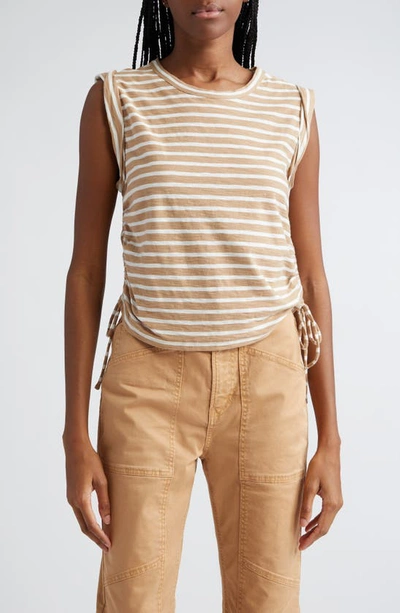 Shop Veronica Beard Vinci Side Ruched Cotton Muscle Tee In Off White/ Khaki Stripe