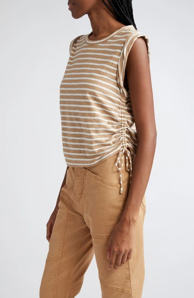 Shop Veronica Beard Vinci Side Ruched Cotton Muscle Tee In Off White/ Khaki Stripe