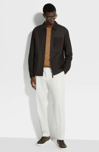 Zegna Secondskin Zip-front Nubuck Overshirt In Dark Brown