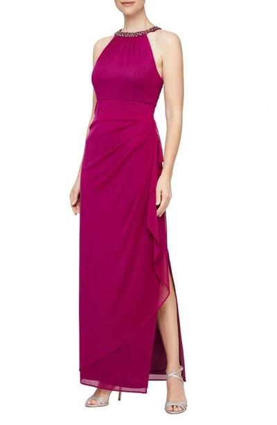 Shop Alex Evenings Embellished Halter Ruched Column Formal Gown In Fuchsia