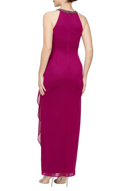 Alex Evenings Embellished Halter Ruched Column Formal Gown In Fuchsia
