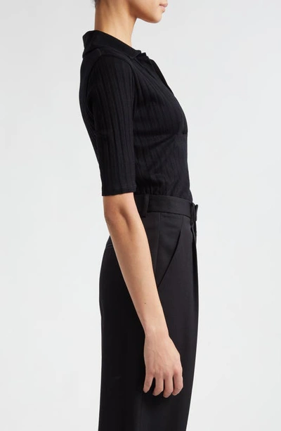 Vince Elbow-sleeve Silk Rib Polo Shirt In 001blk-black