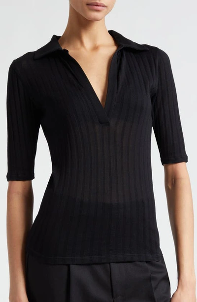 Vince Elbow-sleeve Silk Rib Polo Shirt In 001blk-black