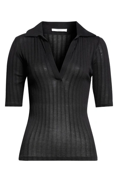 Vince Elbow-sleeve Silk Rib Polo Shirt In 001blk-black