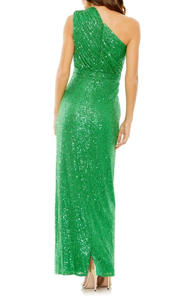 Mac Duggal Sequined Ruched One Shoulder Gown In Green