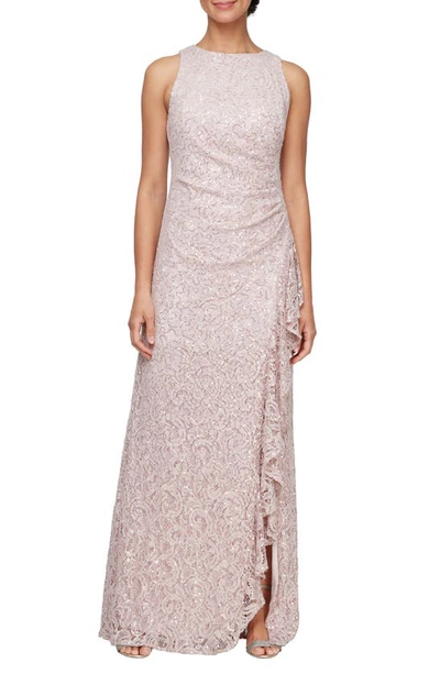 Shop Alex Evenings Sequin Ruched Ruffle A-line Gown In Shell Pink