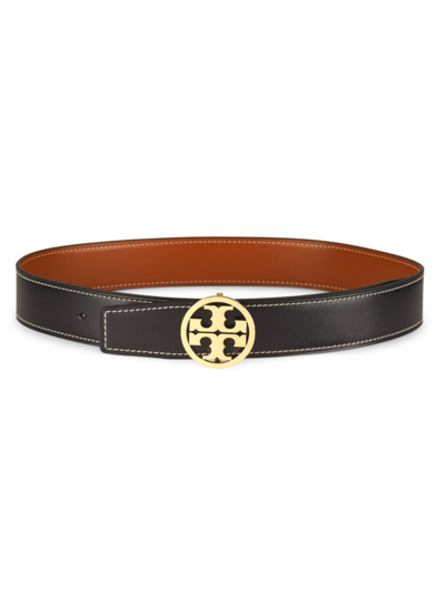 Shop Tory Burch Women's Miller Smooth Reversible Leather Belt In Black Whiskey Gold