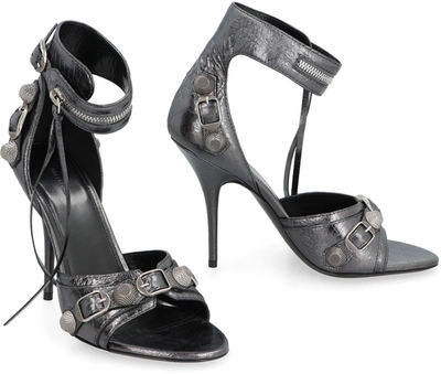 Shop Balenciaga Cagole Leather Sandals In Grey